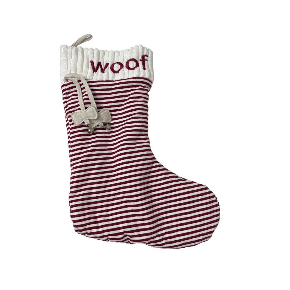 Dog Striped Woof Stocking Red & White With Bone & Bell Detail